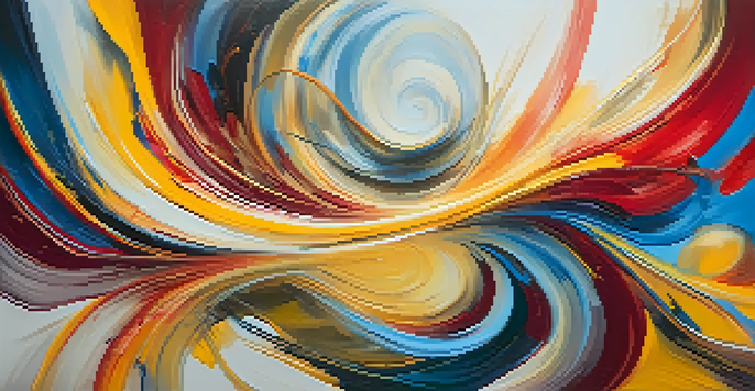 An abstract painting with swirling reds, yellows, and cool blues, creating a dynamic visual experience.
