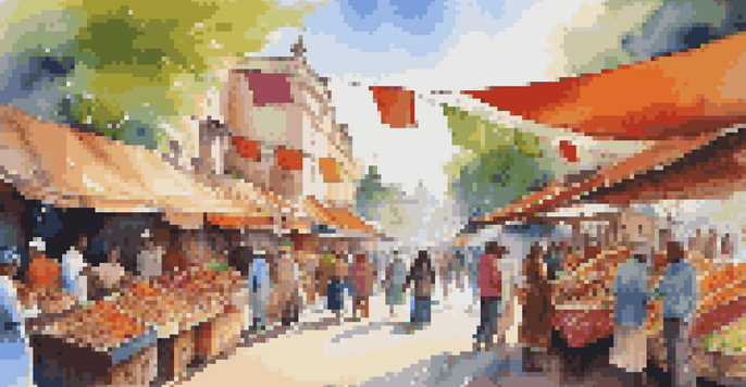 A busy street market filled with stalls displaying colorful textiles, crafts, and food, with diverse people interacting under a sunny sky.