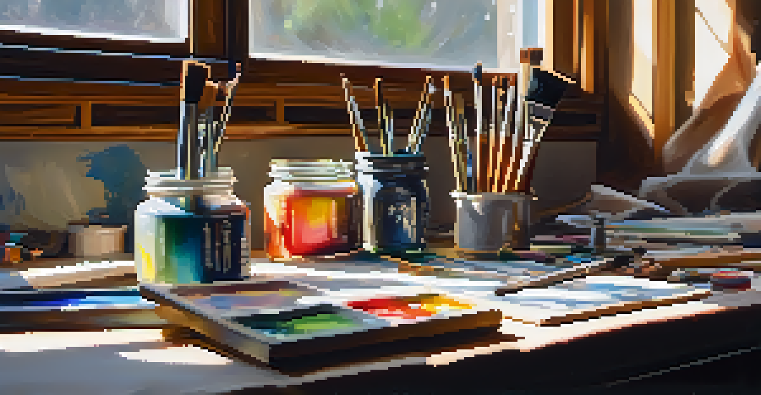 An artist's studio with a canvas, paint tubes, and brushes, beautifully lit by sunlight.