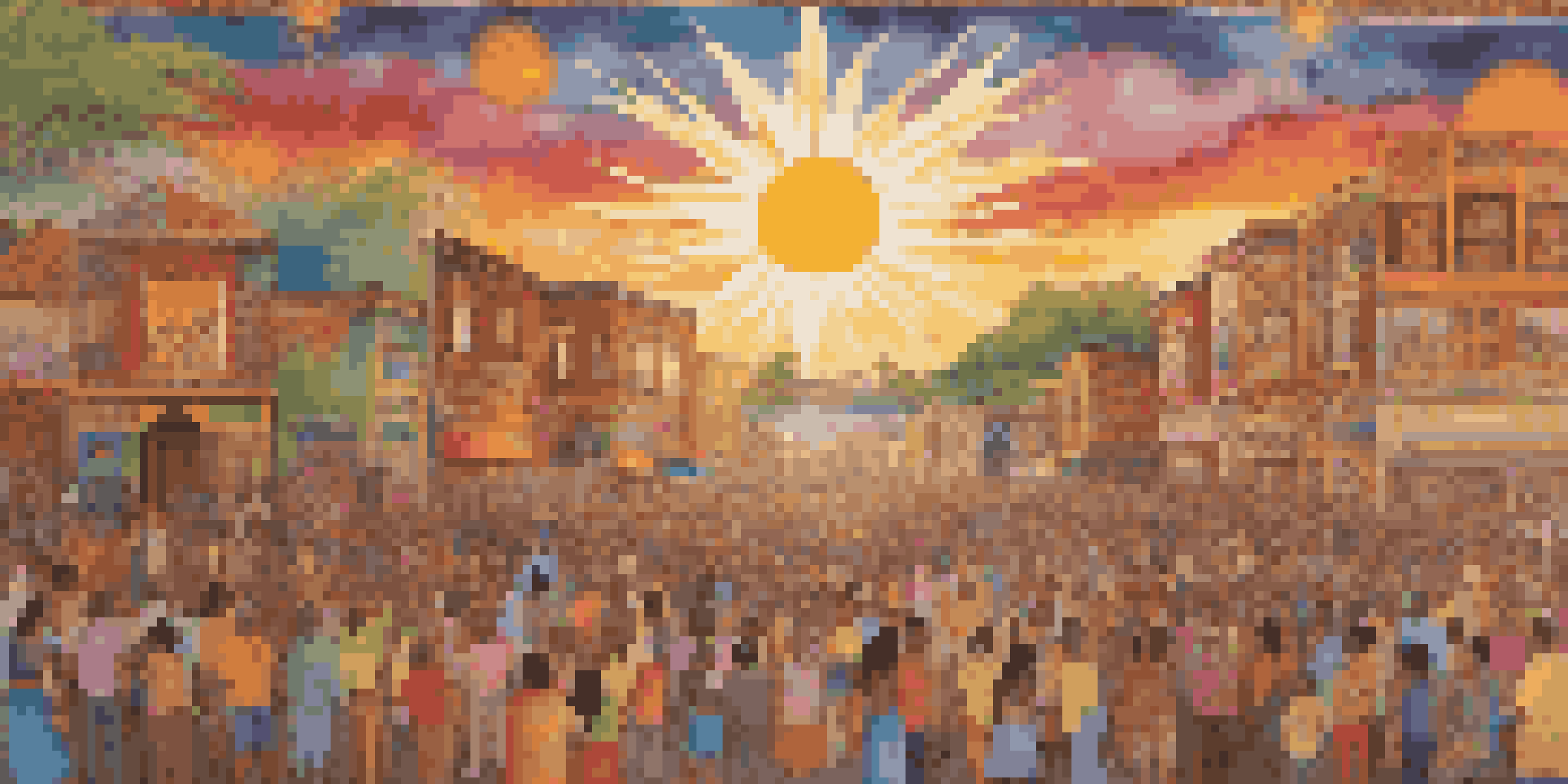 A colorful community mural created by individuals from diverse backgrounds, illustrating various cultural symbols and patterns, with a sunset illuminating the scene.