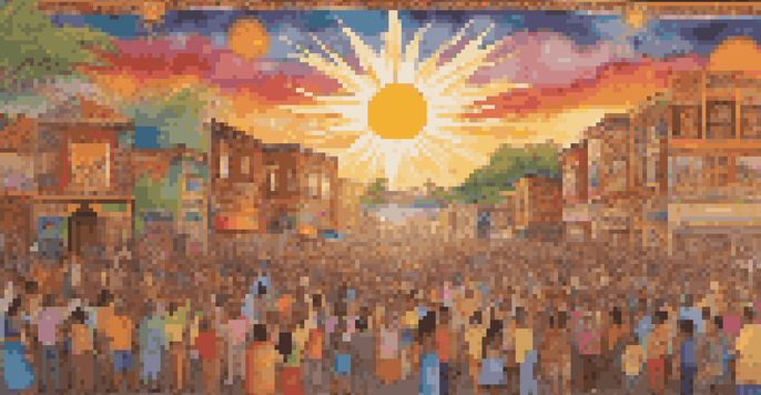 A colorful community mural created by individuals from diverse backgrounds, illustrating various cultural symbols and patterns, with a sunset illuminating the scene.