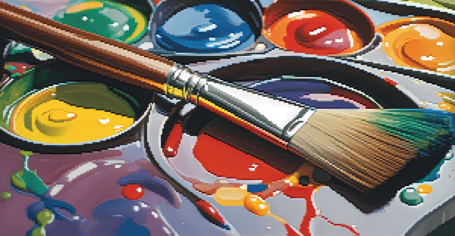A close-up of a painter's palette with vibrant colors and brushes, illuminated by soft natural light.