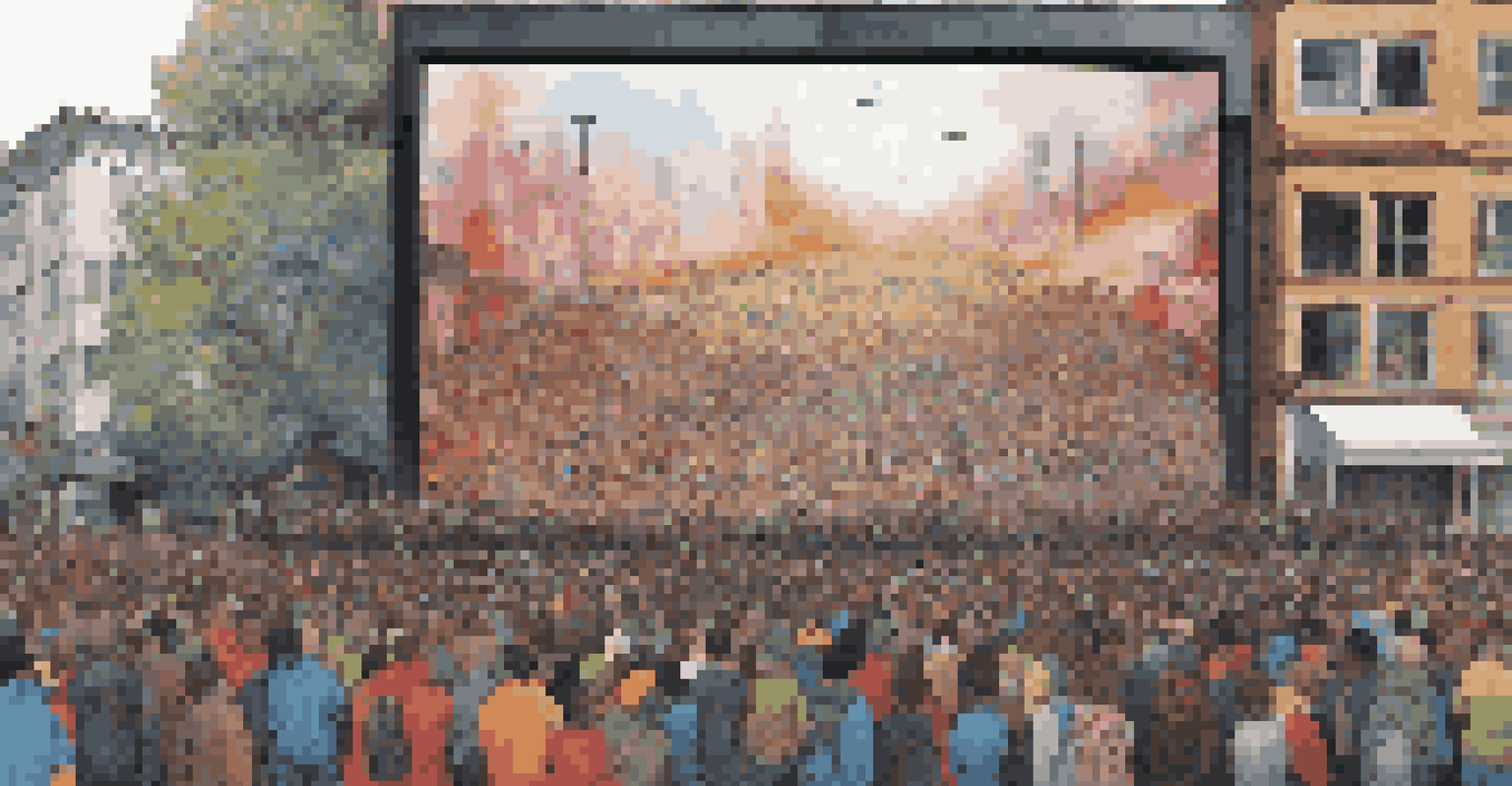 A digital art piece on a large screen depicting a narrative about refugees, with abstract forms and vibrant colors, surrounded by an audience.