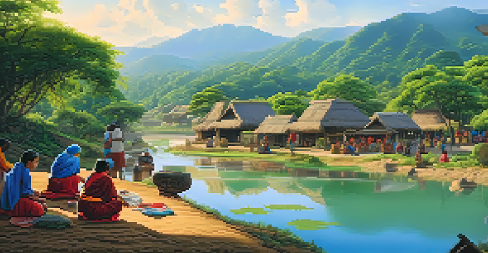 A traditional indigenous village in a lush green landscape with artisans creating crafts, illuminated by warm sunlight and a serene river in the background.