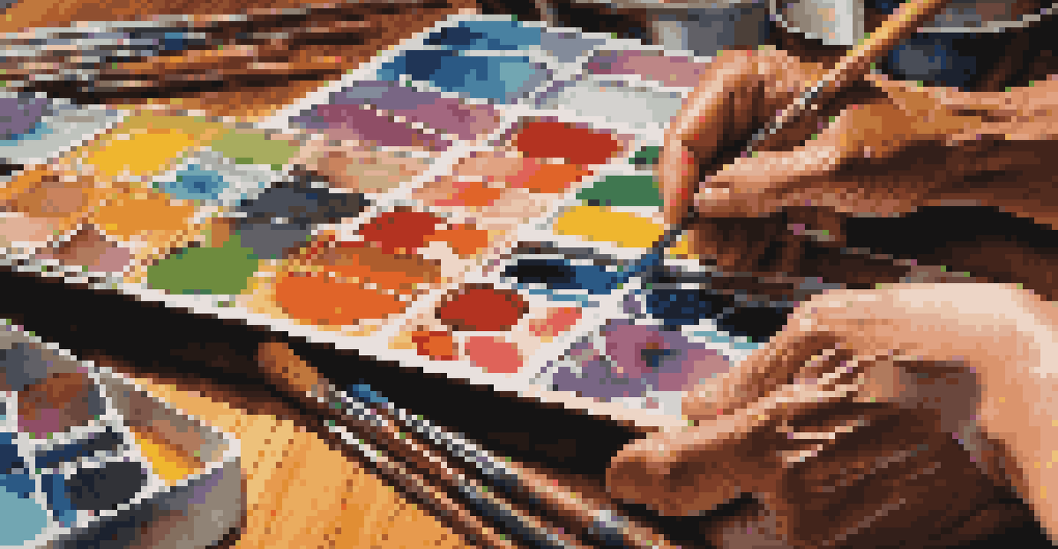 A collector examining an abstract painting, surrounded by art supplies, with warm lighting highlighting the textures.