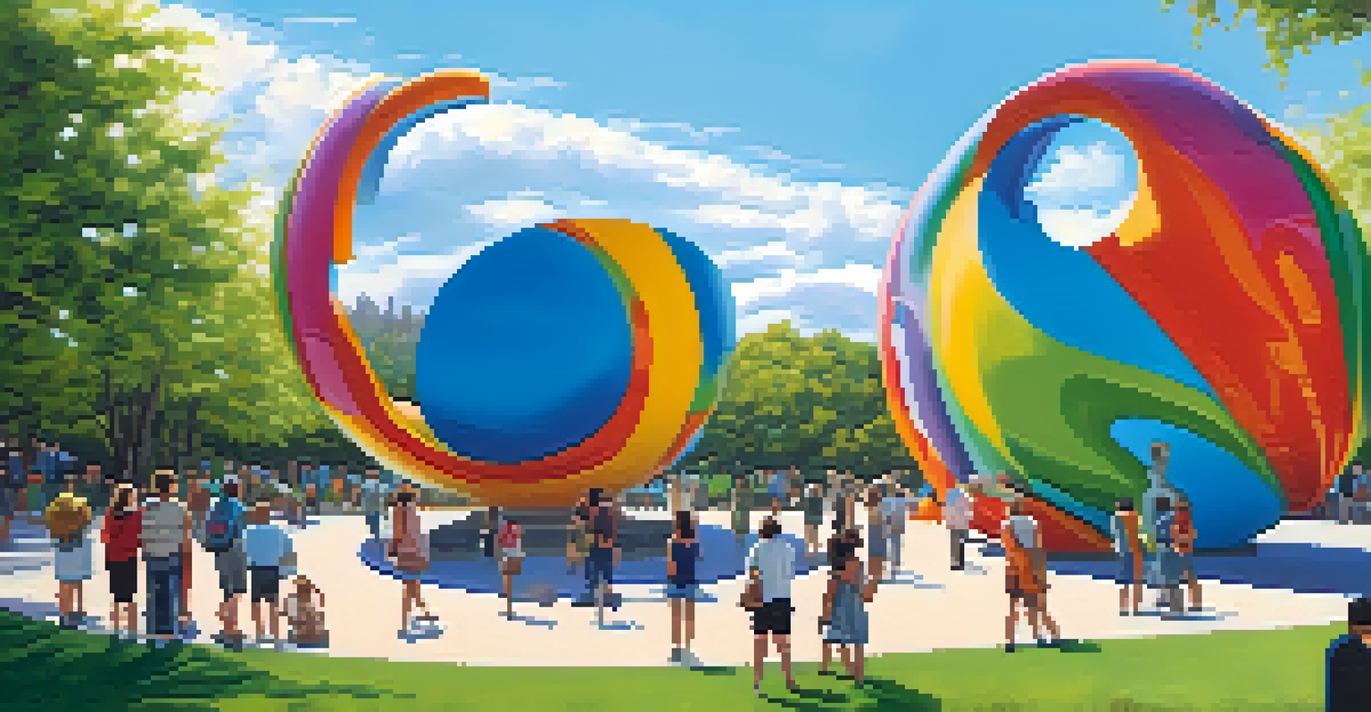 A colorful outdoor art installation in a park with people interacting with the sculptures.