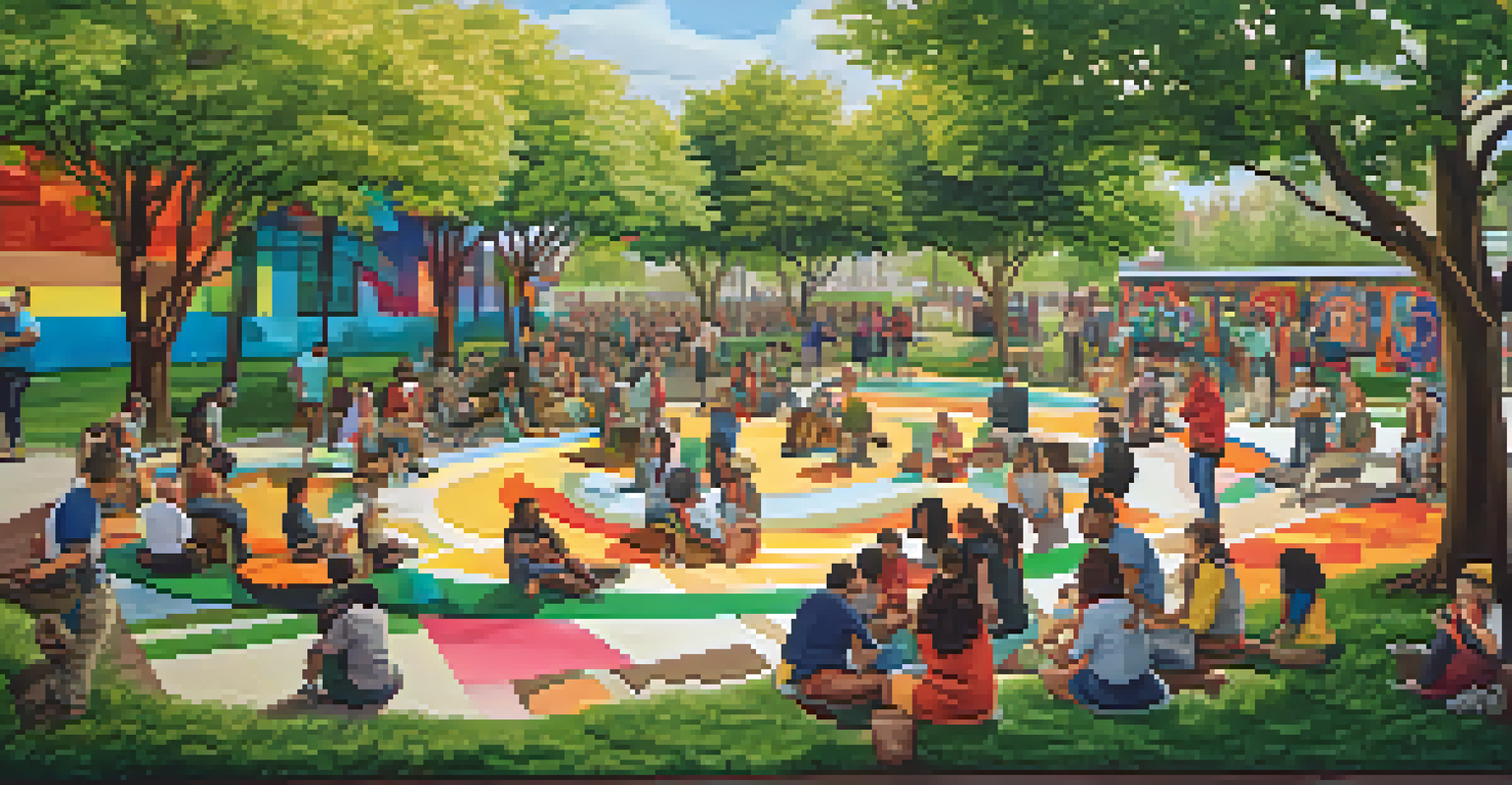 A community mural project in a park, with people painting together on a large mural that represents local cultural heritage, surrounded by nature.