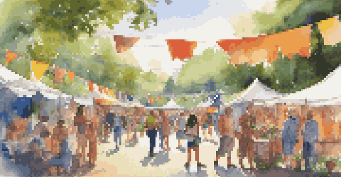 A lively outdoor art festival with local artists and attendees enjoying the creativity and community spirit.