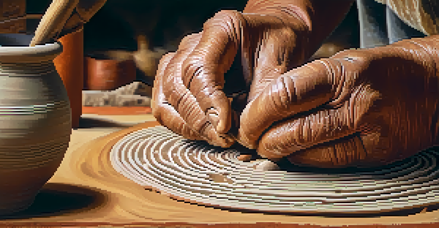 An artist's hands crafting pottery, surrounded by tools and vibrant pigments, highlighting the texture of the clay.
