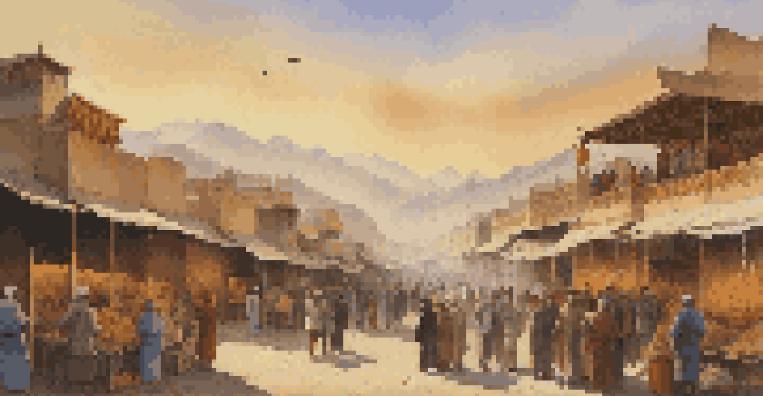 A lively market scene on the Silk Road, showcasing traders in traditional attire exchanging goods and stories with a sunset backdrop.