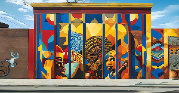 A colorful street art mural blending traditional African patterns with modern graffiti styles in an urban setting, illuminated by soft sunlight.
