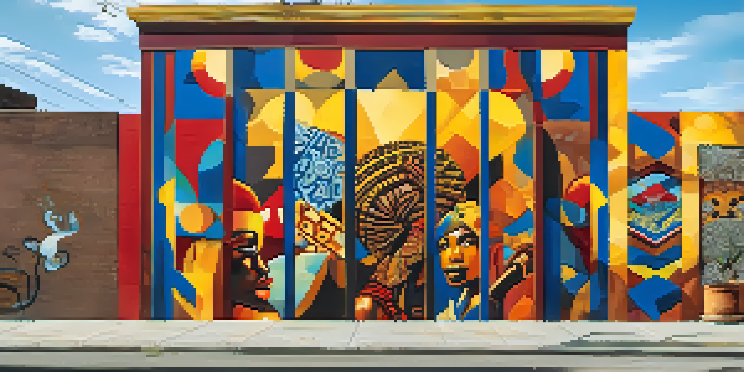 A colorful street art mural blending traditional African patterns with modern graffiti styles in an urban setting, illuminated by soft sunlight.