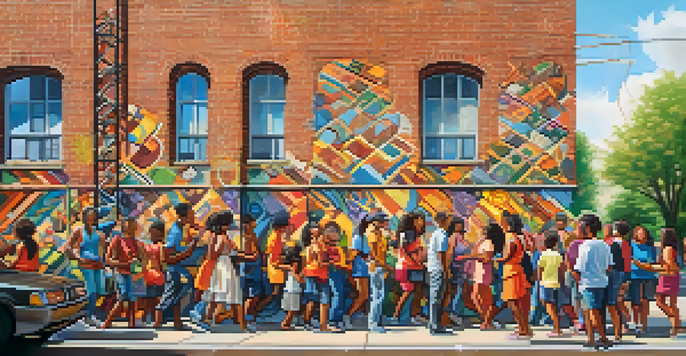 A colorful mural on a brick wall showing diverse people celebrating together under warm sunlight.