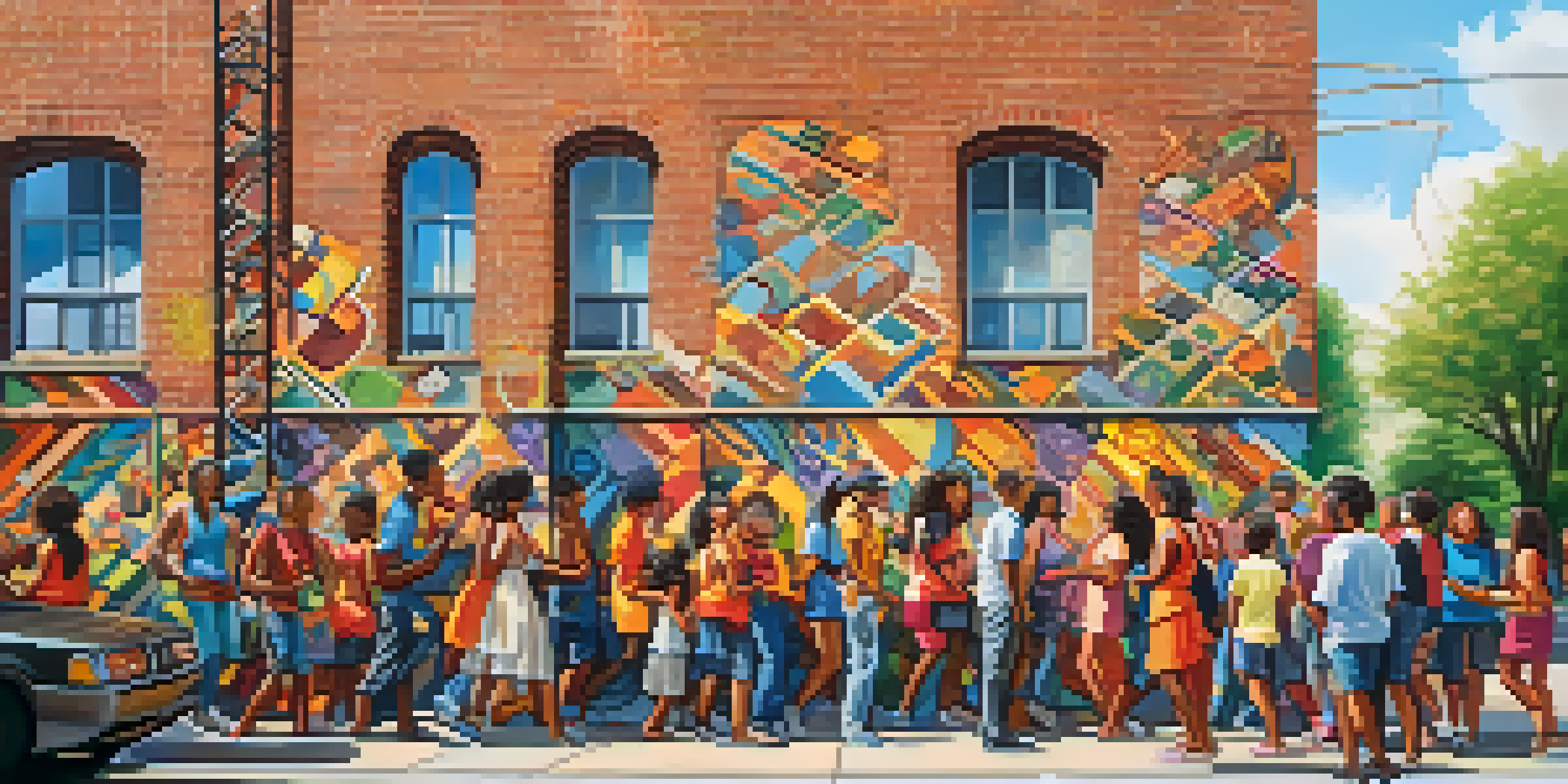 A colorful mural on a brick wall showing diverse people celebrating together under warm sunlight.