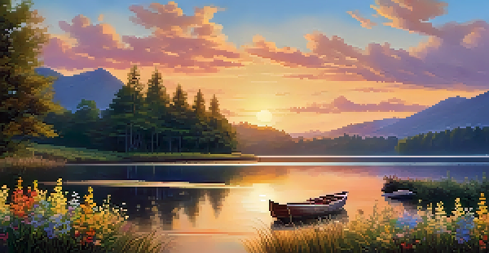 A peaceful landscape with a lake, forest, and sunset, showcasing a small boat and blooming wildflowers.