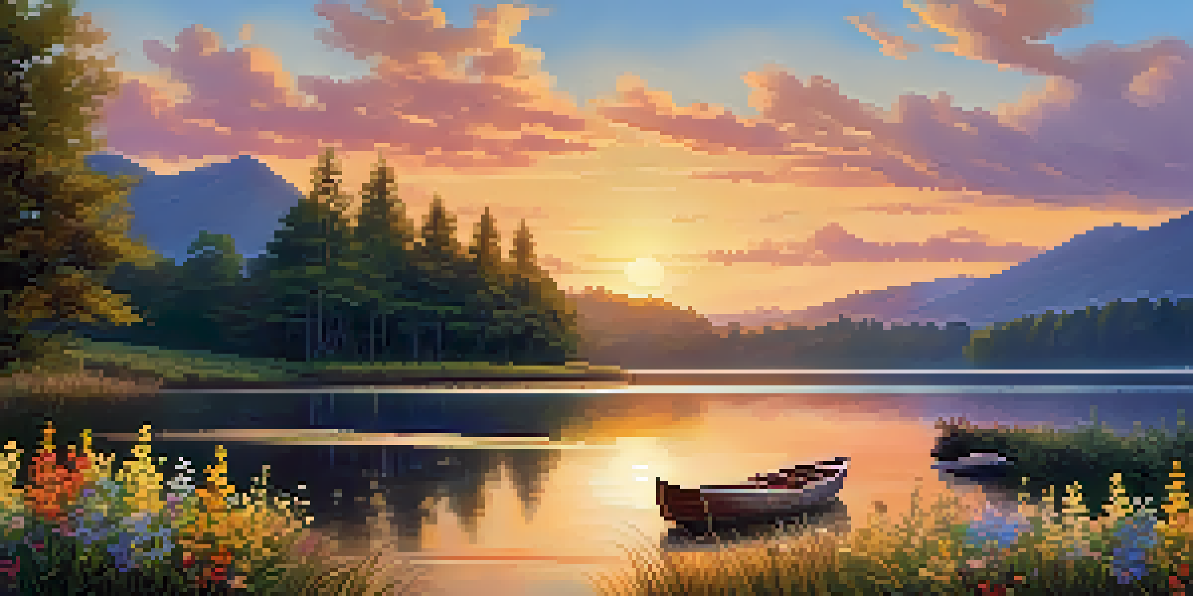 A peaceful landscape with a lake, forest, and sunset, showcasing a small boat and blooming wildflowers.