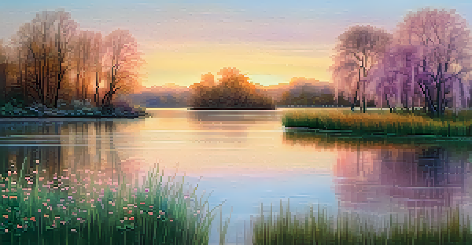 A peaceful impressionist landscape of a lake with weeping willows and wildflowers at sunset, in soft pastel colors.