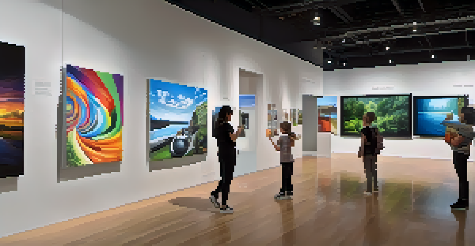 A modern art space with visitors engaging in virtual reality and interactive displays, showcasing a bright and tech-savvy environment that encourages exploration.