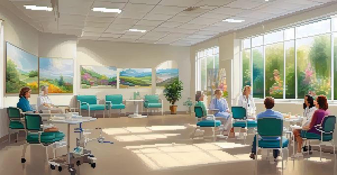 A bright hospital art therapy room where patients are painting on canvases, surrounded by colorful artwork and plants.