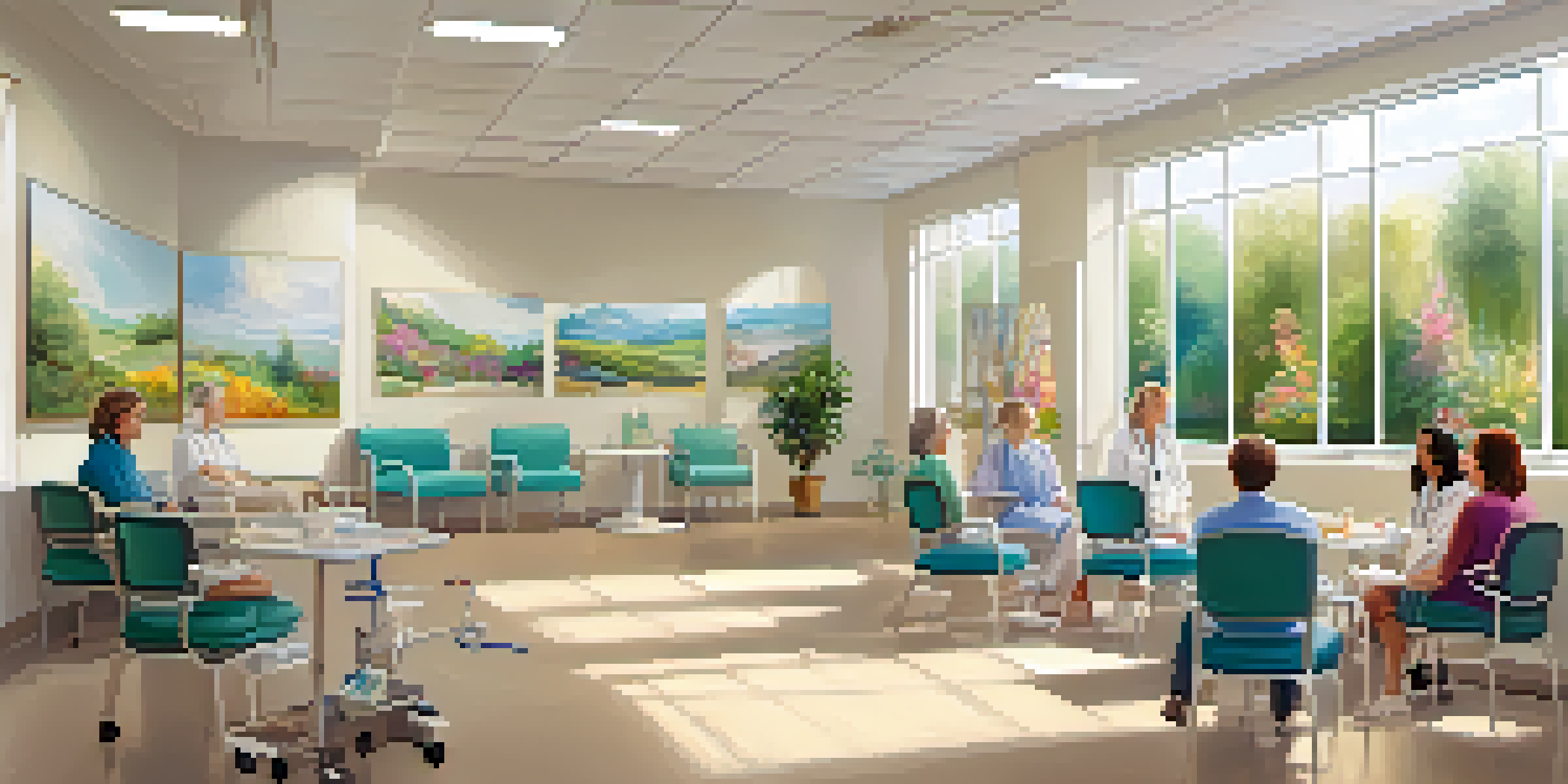 A bright hospital art therapy room where patients are painting on canvases, surrounded by colorful artwork and plants.