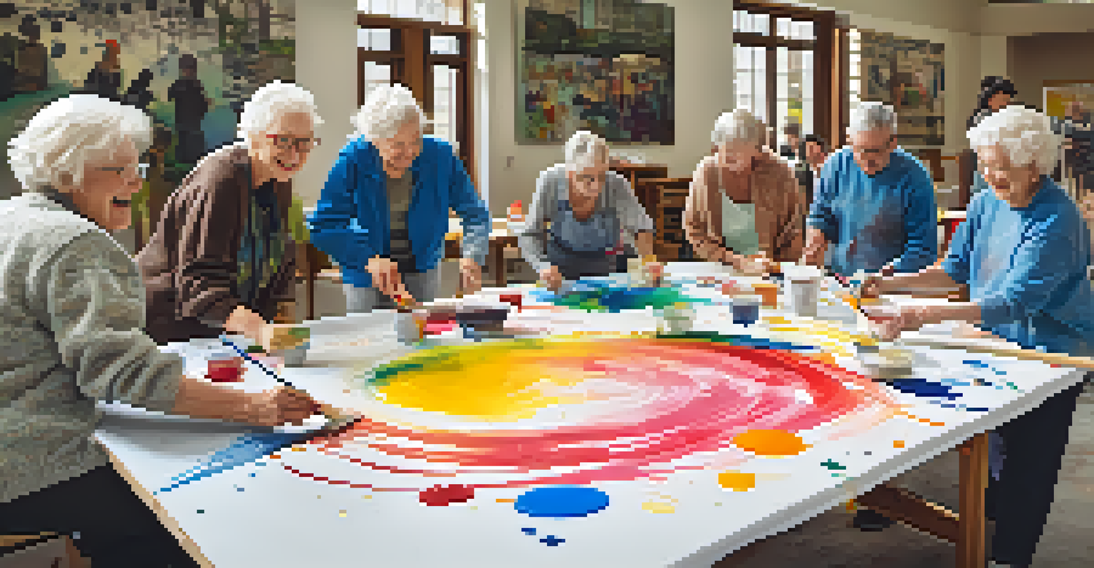 Seniors working collaboratively on a large canvas, smiling and sharing ideas in a lively art class setting.