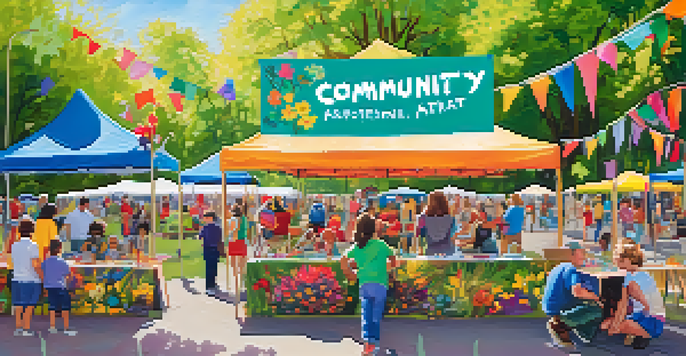 A lively community art festival in a sunny park with local artists, families, and children engaged in creative activities.