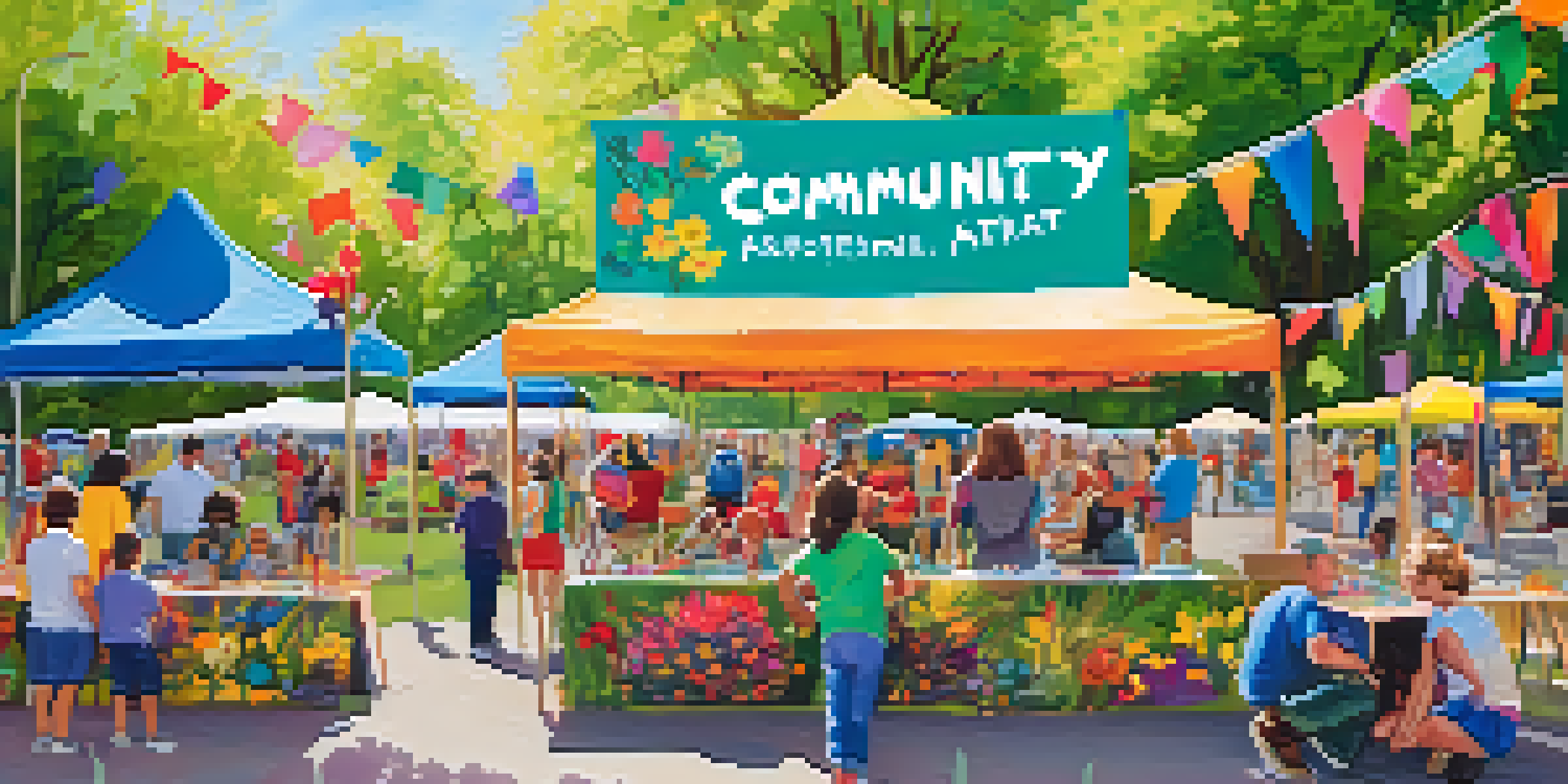 A lively community art festival in a sunny park with local artists, families, and children engaged in creative activities.