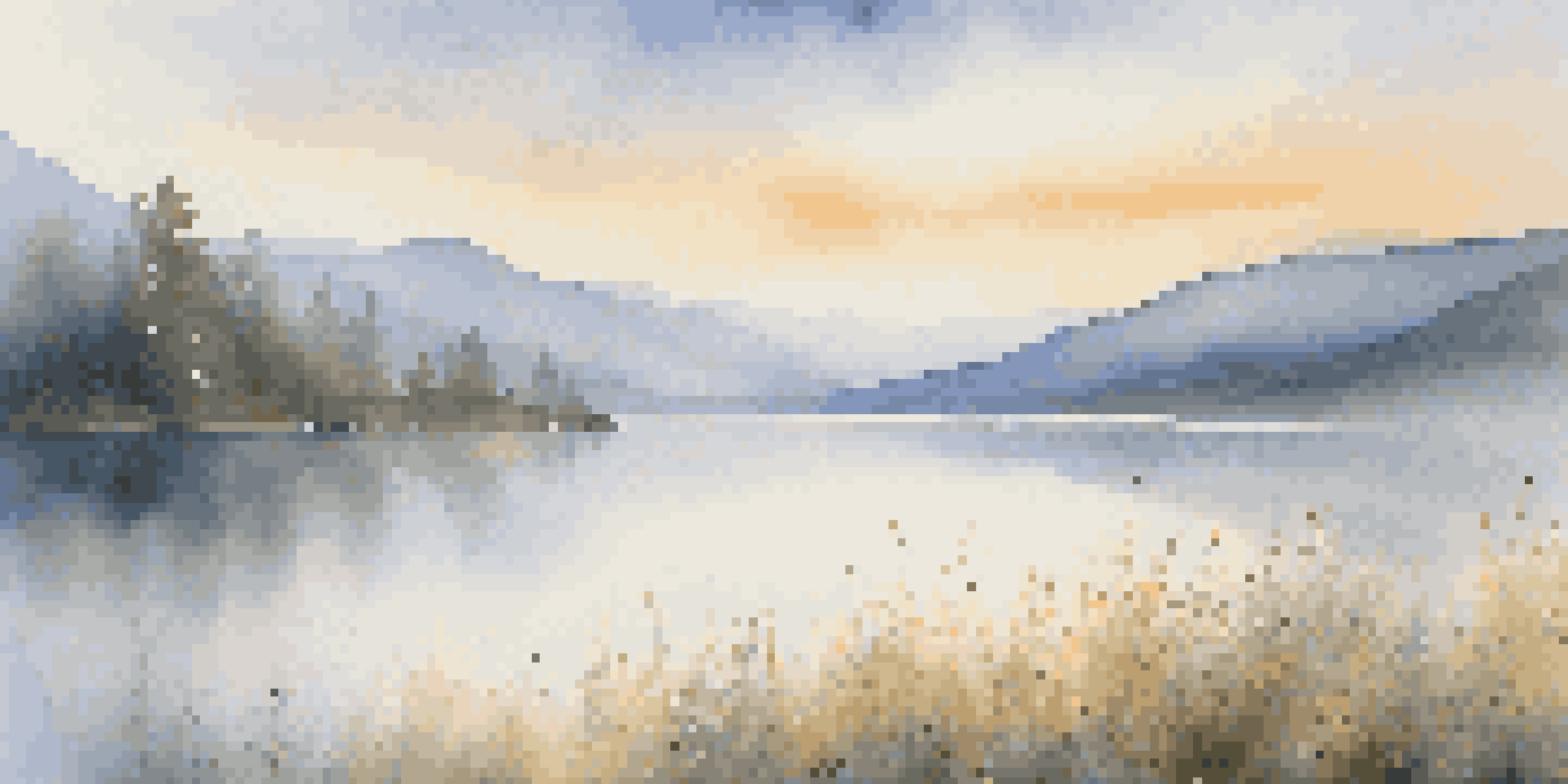 A peaceful landscape at dawn with a lake, misty mountains, and colorful wildflowers in the foreground.