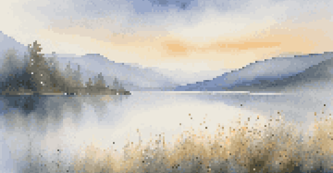 A peaceful landscape at dawn with a lake, misty mountains, and colorful wildflowers in the foreground.