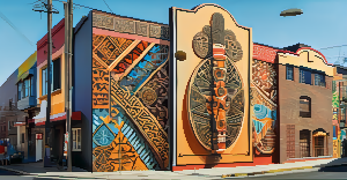 A colorful street mural that blends various cultural symbols, illuminated by sunlight in an urban setting.