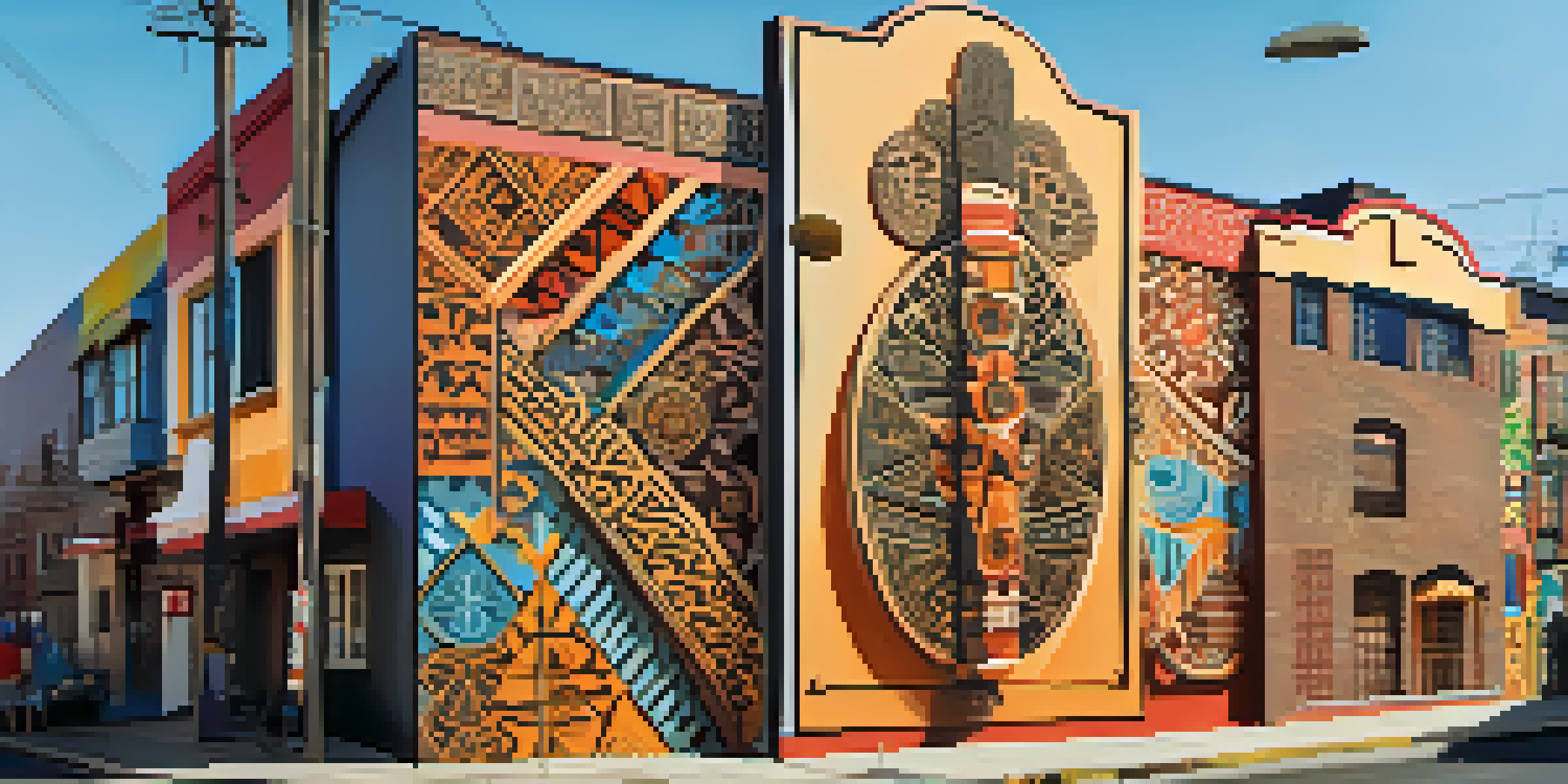 A colorful street mural that blends various cultural symbols, illuminated by sunlight in an urban setting.