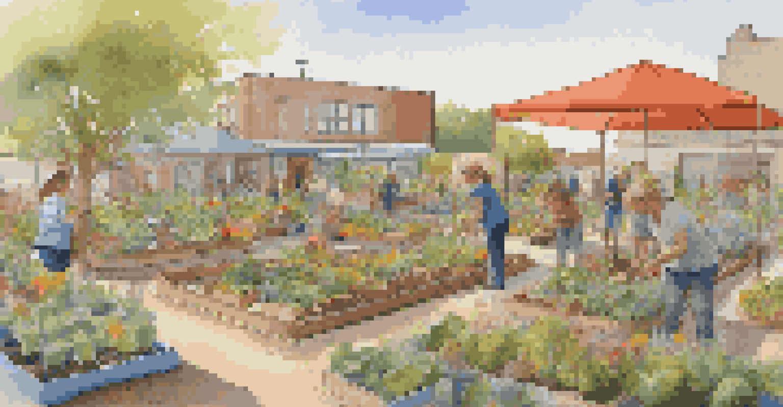 A community garden filled with residents planting and creating art installations, illuminated by gentle morning light, showcasing soil, leaves, and colorful sculptures.