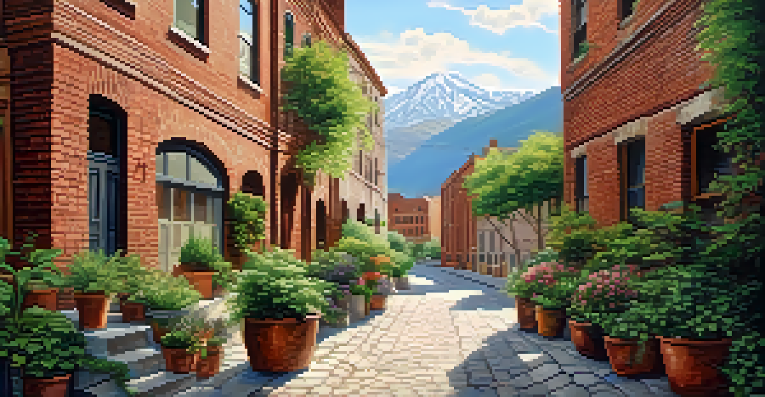A peaceful alleyway with a large landscape mural and charming brick buildings.
