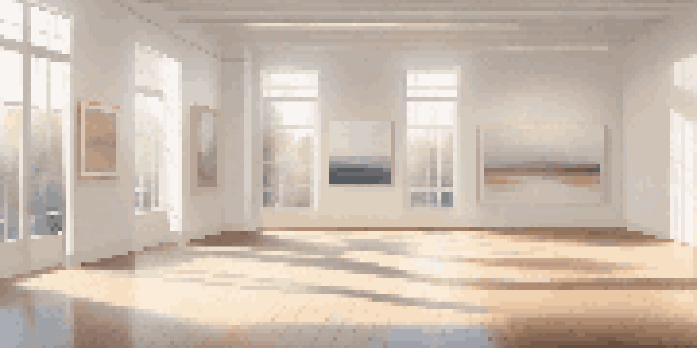 A minimalist art gallery with a large pastel gradient canvas, white walls, and natural light shining through the windows.