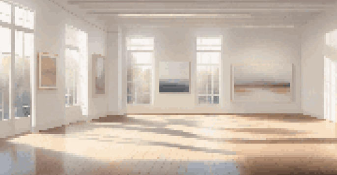 A minimalist art gallery with a large pastel gradient canvas, white walls, and natural light shining through the windows.