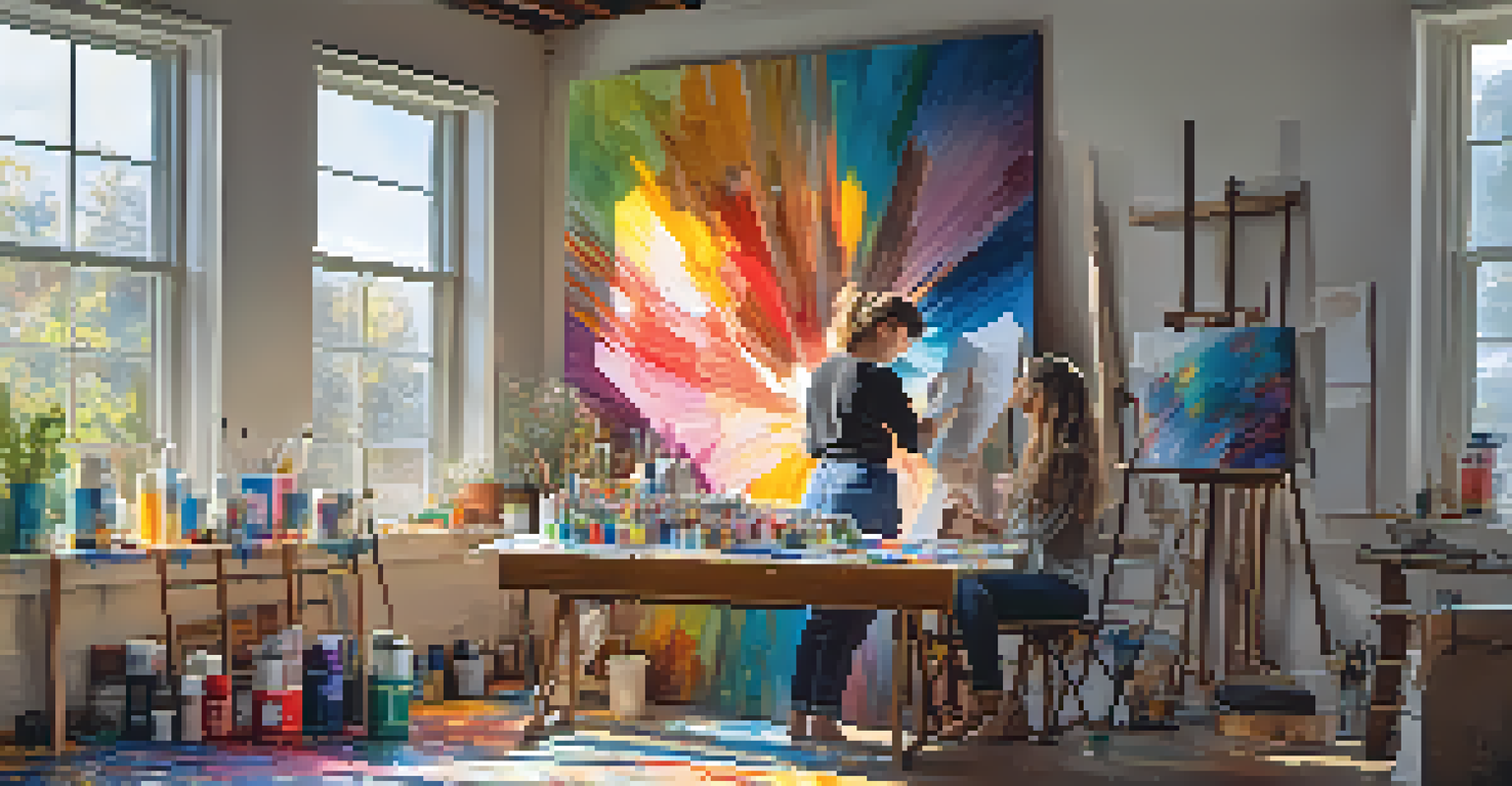 An artist in her studio painting an abstract artwork with sunlight illuminating the colors.
