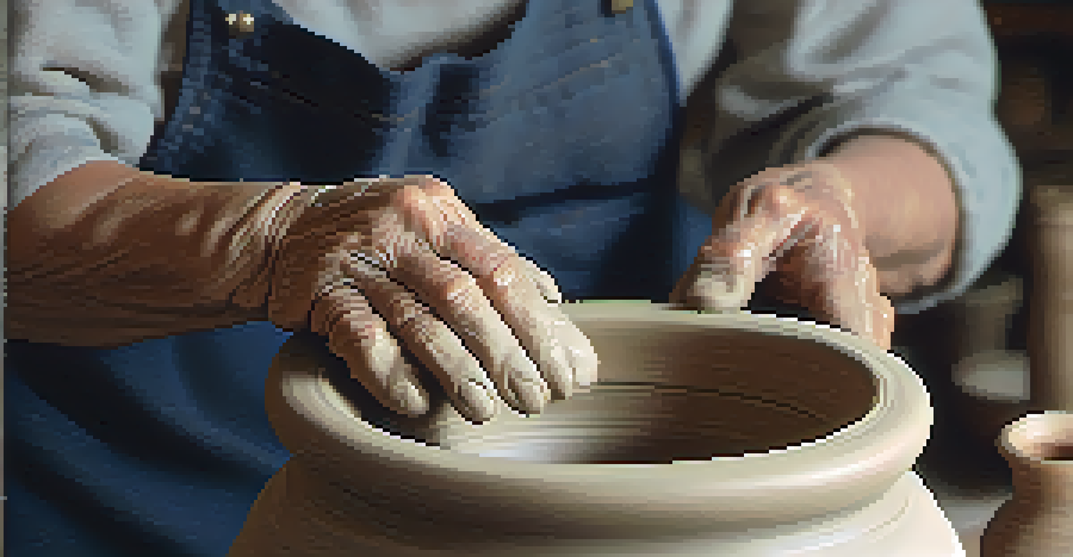 Close-up of a senior's hands sculpting clay on a potter's wheel, showcasing the texture and concentration.