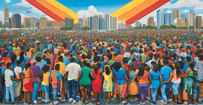 A colorful mural showing diverse individuals united in solidarity, with symbols of social justice against a city background.