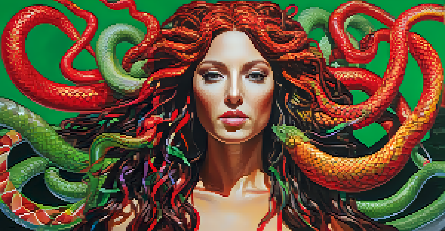 An abstract representation of Medusa with snakes for hair in a colorful and geometric design, symbolizing empowerment and transformation.