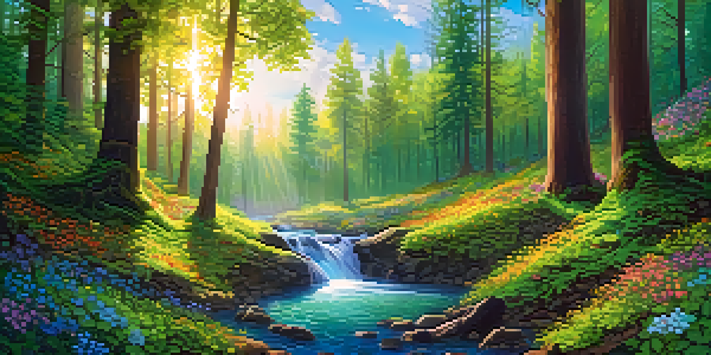 A serene forest scene with pixelated trees, colorful wildflowers, and a clear stream reflecting the foliage and sky.