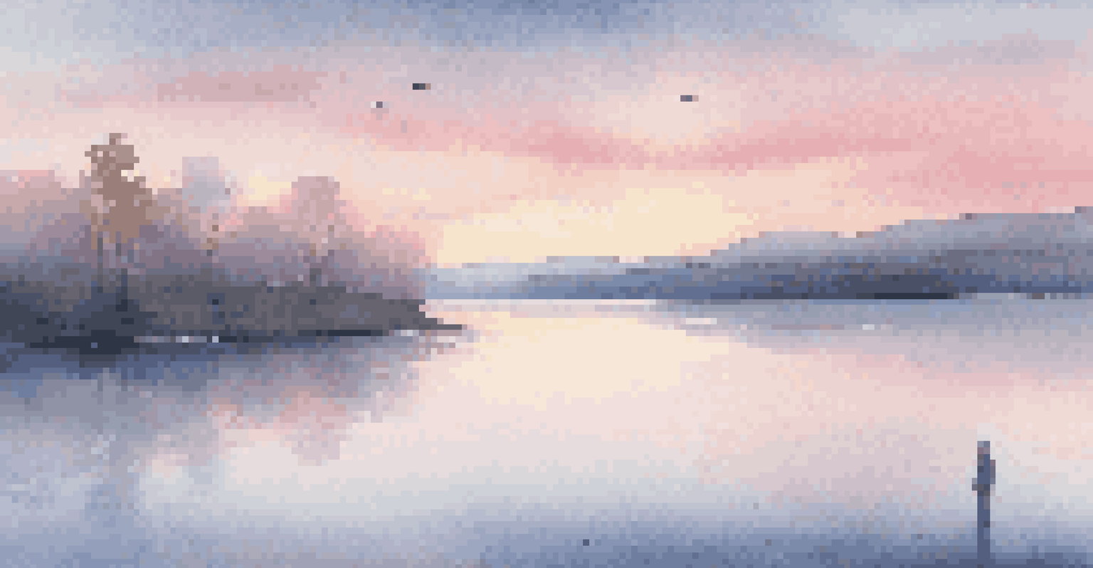 A calm landscape with a lake at dusk, featuring soft pastel colors and a figure in contemplation, with musical notes in the sky.