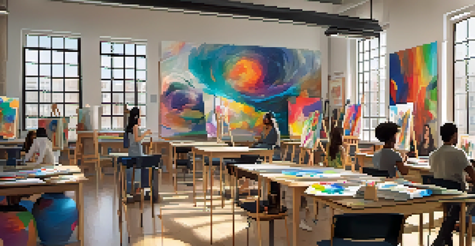 A busy art classroom with students discussing their artwork, surrounded by colorful art supplies and bright natural light.
