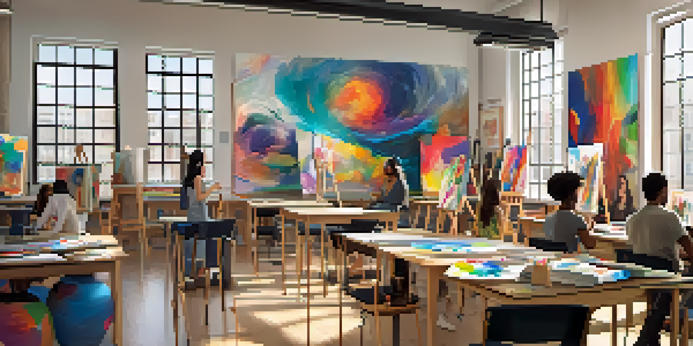 A busy art classroom with students discussing their artwork, surrounded by colorful art supplies and bright natural light.
