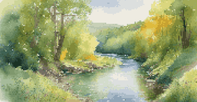 A colorful river flowing through a green forest, with sunlight shining through the leaves and wildflowers along the bank.