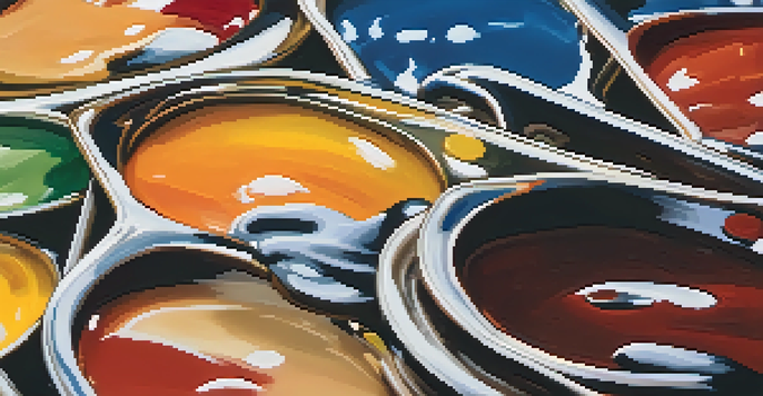 A close-up of an artist's palette filled with thick paint in various bright colors, showcasing texture and brush strokes.