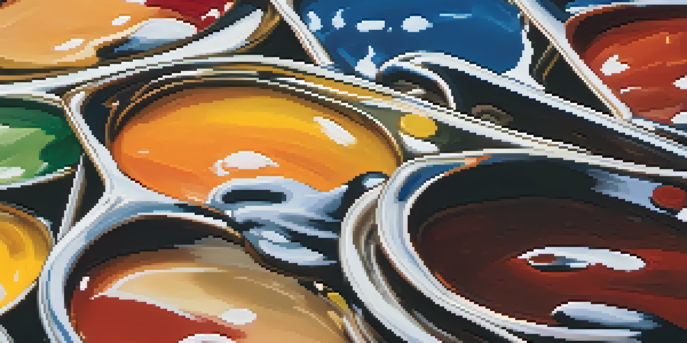 A close-up of an artist's palette filled with thick paint in various bright colors, showcasing texture and brush strokes.