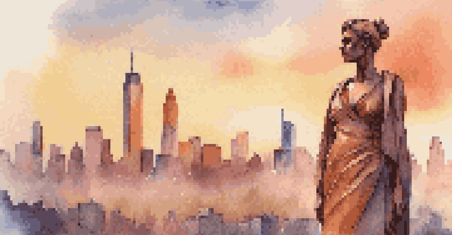 A confident woman standing in front of a statue symbolizing gender equality, with a city skyline at sunset in the background.