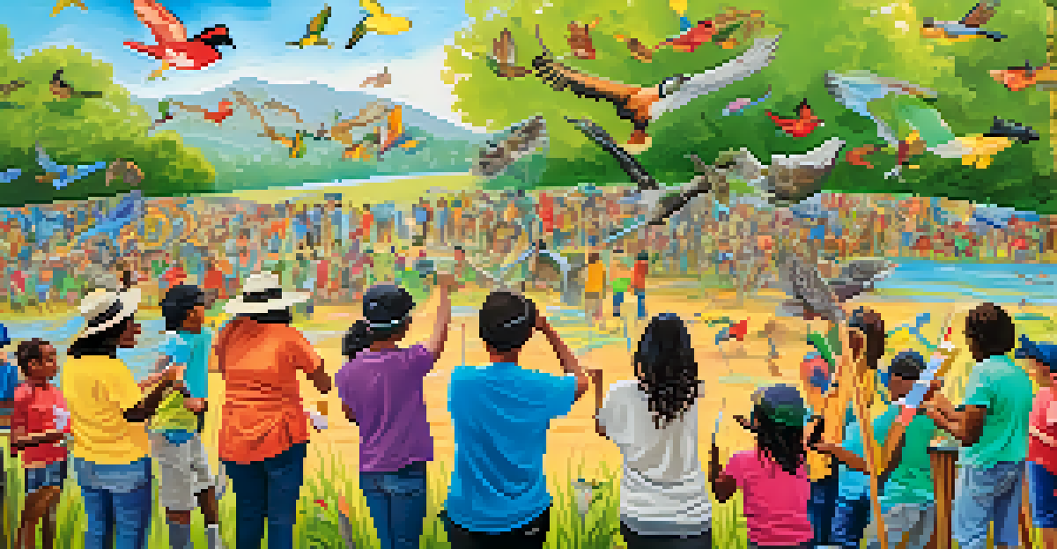 Community members painting a vibrant mural at an eco-art festival, depicting local wildlife and environmental themes in a natural setting.