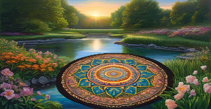 A peaceful landscape with a colorful mandala in the foreground, lush greenery, and a gentle stream under a golden sunset.