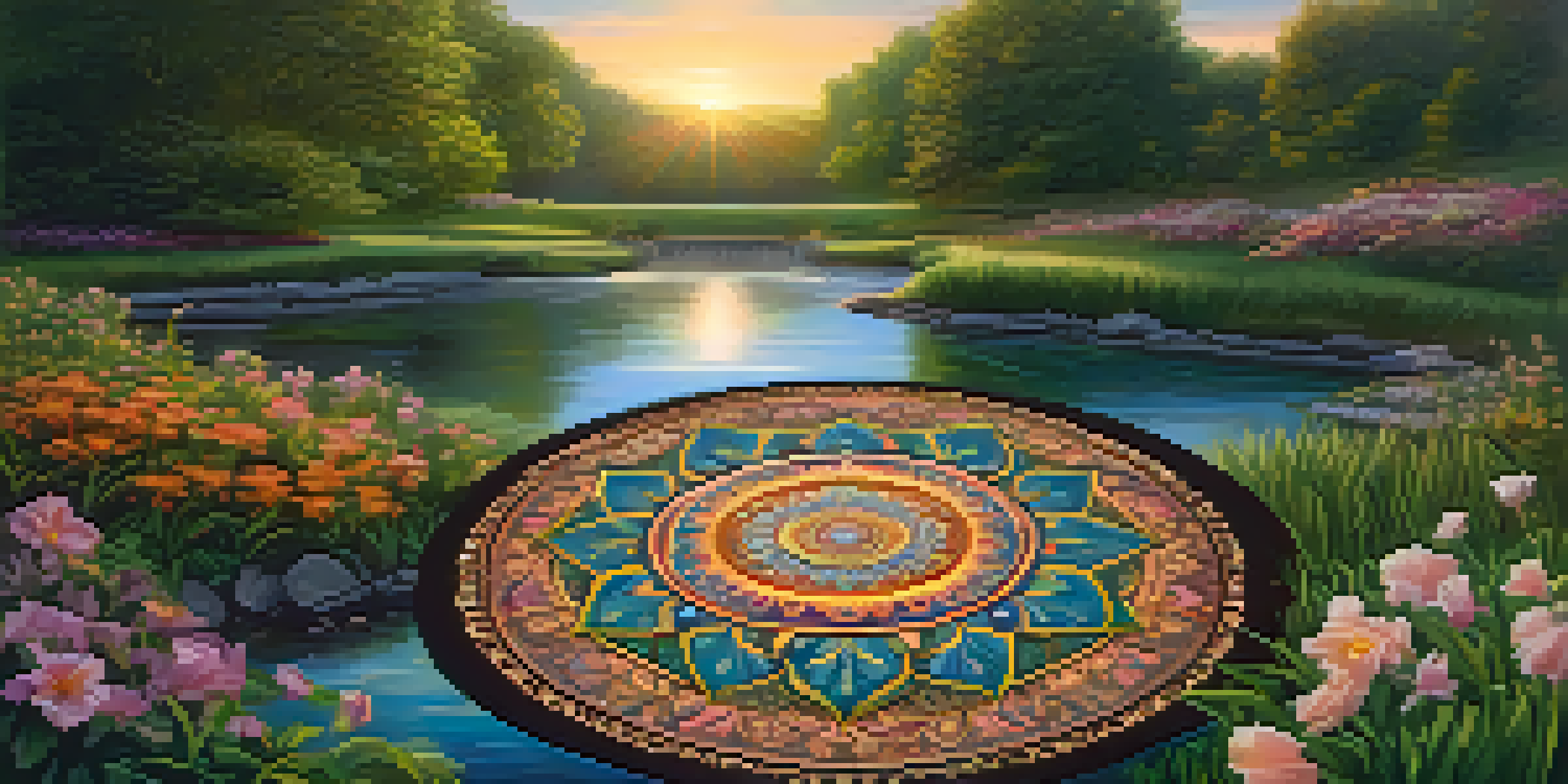A peaceful landscape with a colorful mandala in the foreground, lush greenery, and a gentle stream under a golden sunset.
